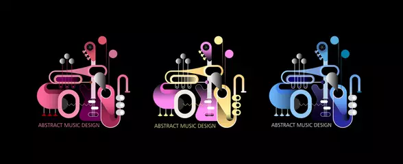 Gordijnen Drie verschillende gekleurde ontwerpen geïsoleerd op een zwarte achtergrond concept muziek compositie. Vectorillustratie met gitaar, saxofoon en trompetten. ©  danjazzia