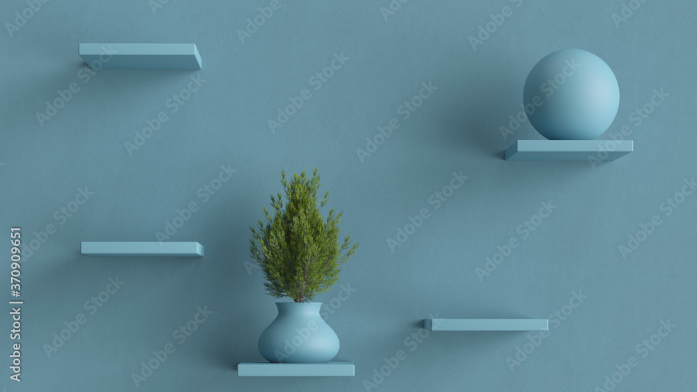 Poster 3d render of background with geometry and shelves. minimal interior piece. soft shadows. sphere and 