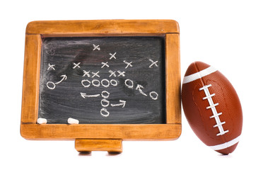 Rugby ball with scheme of football game on white background