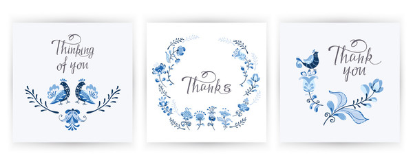 Vector set greeting card with flowers, birds in Scandinavian style. Abstract minimal design