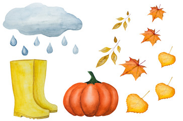 Beautiful card with various drawings on the autumn theme, painted with watercolors. Close-up, view from above
