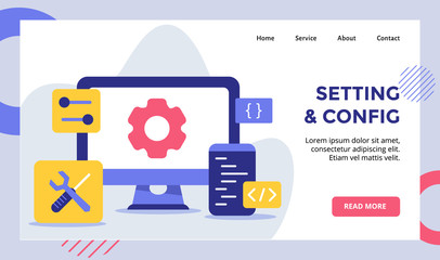 Setting and Config gear on display monitor computer for web website home homepage landing page template banner with modern flat style