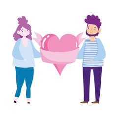 young couple holding pink heart love romantic cartoon design