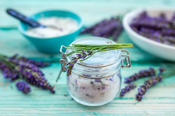 Homemade aromatic sugar with lavender flowers.