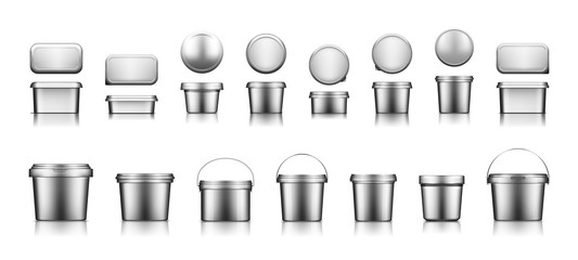 Silver bucket mockups for ice cream, yogurt, cheese, mayonnaise, butter or paint. Blank plastic food package container. Product template for branding or presentation. 3d realistic vector illustration © Kusandra