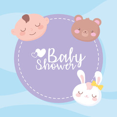 baby shower, adorable boy bear rabbit faces welcome newborn celebration label