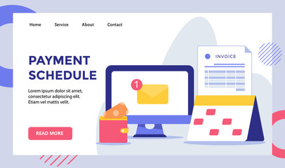 Payment schedule email notification on display monitor computer campaign for web website home homepage landing page template banner with modern flat style