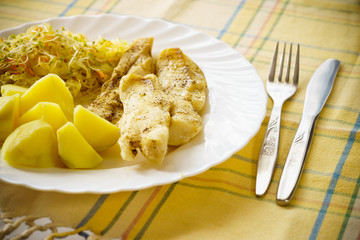 Dinner meal fish with salad and potatoes