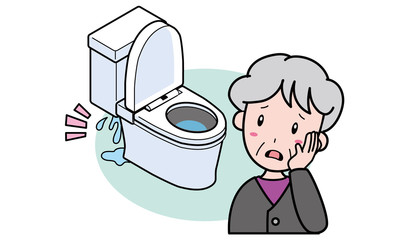 洋式トイレのタンクから水が漏れ、困っているおばあさん