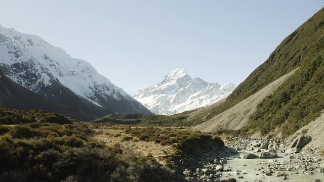 mount cook national park drone fly up river