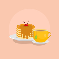 pancakes with hot tea illustration. fast food icon concept isolated. flat cartoon style vector