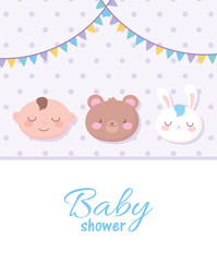 baby shower, spotted background with faces bear boy and rabbit, welcome newborn celebration card