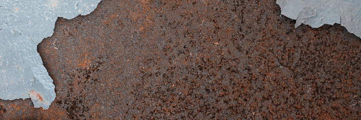 Texture of rusty metal with peeling enamel. Rough surface of painted metal with rust. Corroded and oxidized old iron. Rusted metal. Wide panoramic texture for background and design in grunge style.