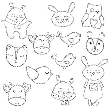 cute forest animals - bear, hare, fox, giraffe, bird, mouse, decorative element, vector set of elements with decorative seam stitching, coloring book for children