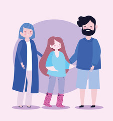 family happy dad mom and daughter together cartoon character