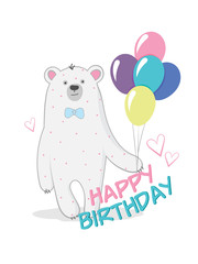 Happy Birthday. Cute vector birthday card. Bear with balloons.