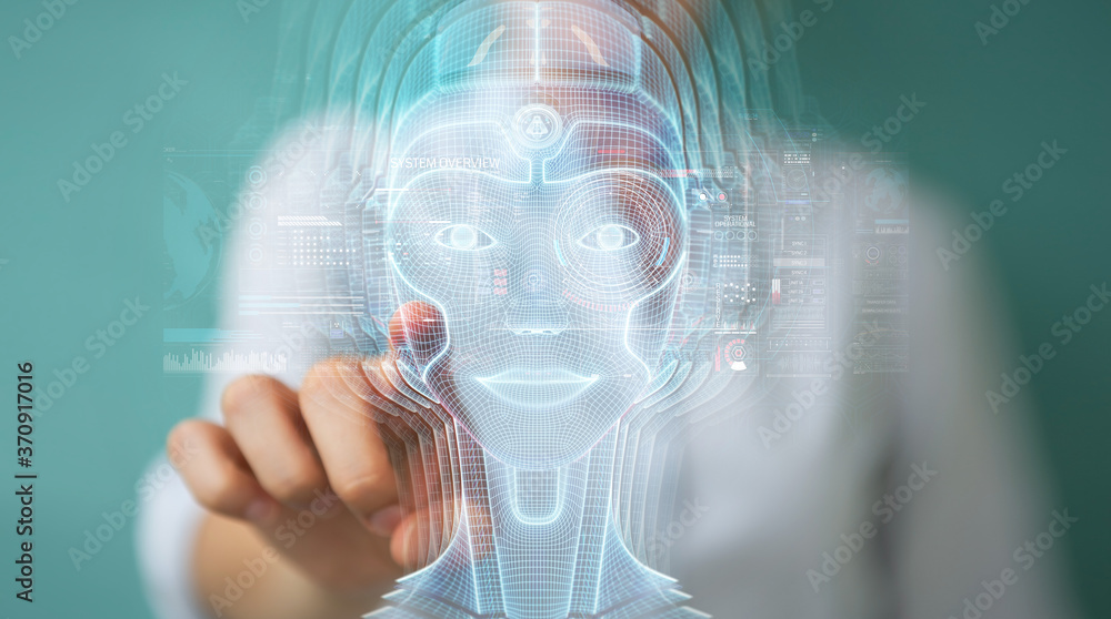 Poster woman using digital artificial intelligence head interface 3d rendering