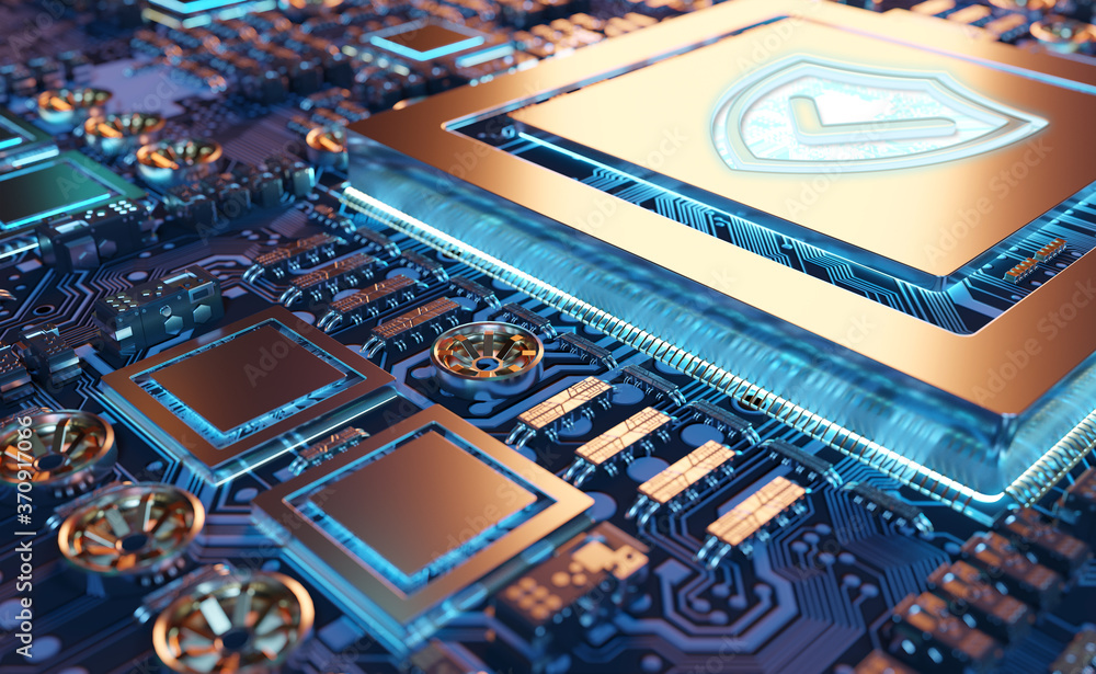Fototapete Close-up view of a modern GPU card with shield protection 3D rendering