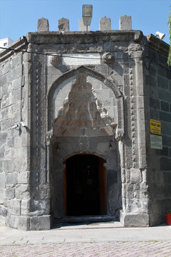 Gulluk Mosque was built in the 12th century Seljuk period. The stone workmanship at the entrance door of the mosque is remarkable. There is a madrasah on the side. Kayseri, Turkey.  