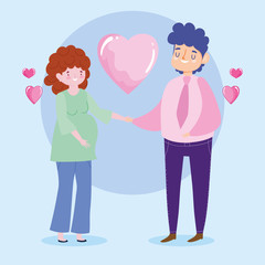 family pregnant woman and man love hearts romantic cartoon character