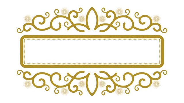 Golden vintage rectangular frame with ornament from curly lines on white background. Animated header field in retro style, signboard template.