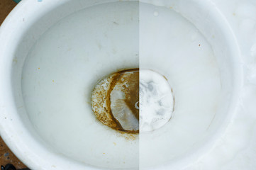 Photos before and after pouring a dirty toilet bowl with a special chemical-based detergent against...