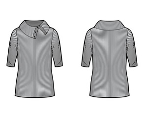 Wide button-up turtleneck ribbed-knit sweater technical fashion illustration with elbow sleeves, close shape, tunic length. Flat sweater apparel template front, back grey color. Women men unisex top