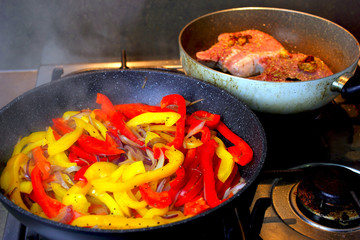 Pork chop with roasted peppers and chimichurri