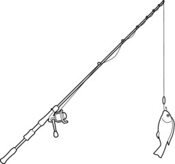 A vector line art illustration of a fishing rod with a fish