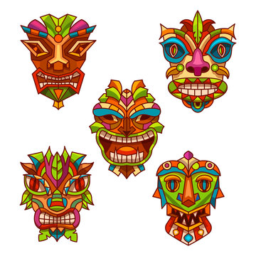 Set of totem pole masks with tribal decoration