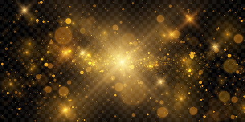 Fototapeta na wymiar Glowing golden bokeh lights effect , sparkling particles isolated on dark transparent background 