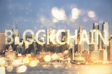 Double exposure of crypto currency theme hologram drawing and city veiw background. Concept of...