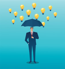 man holding an umbrella and light bulb falling from the sky. creative concept. vector illustration