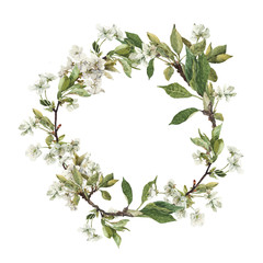 Watercolor wreath of cherry tree branches isolated on white background. Summer frame.  - 370923479