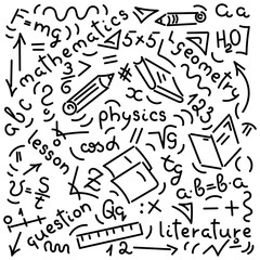 Doodle hand-drawing. Names of school subjects, formulas, books, notebooks, pencils. Background.