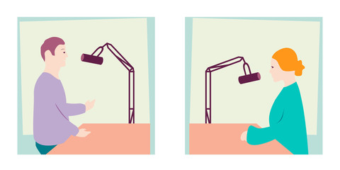 People recording a podcast. Man and woman with microphone sitting at table and talking for radio audio broadcast, flat isolated vector illustration.