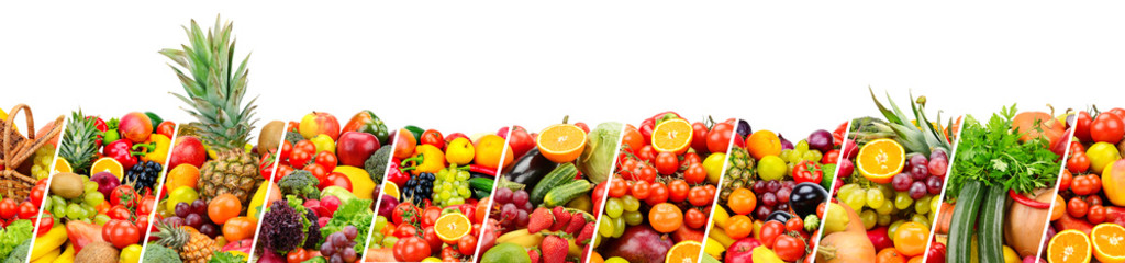 Panoramic photo fruits and vegetables separated by slanted lines isolated on white
