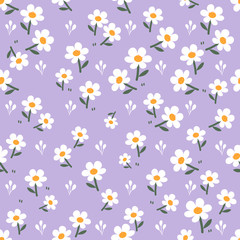 Seamless pattern of little white flower with green leaves on purple background vector.