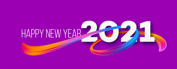 Colorful Brushstroke paint lettering calligraphy of 2021 Happy New Year background. Color flow background. Vector illustration