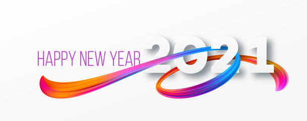 Colorful Brushstroke paint lettering calligraphy of 2021 Happy New Year background. Color flow background. Vector illustration