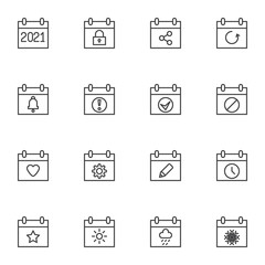 Calendar page line icons set, outline vector symbol collection, linear style pictogram pack. Signs, logo illustration. Set includes icons as 2021 date calendar, schedule reminder, deadline, weather