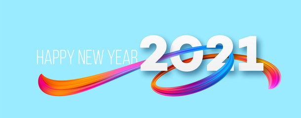 Colorful Brushstroke paint lettering calligraphy of 2021 Happy New Year background. Color flow background. Vector illustration - obrazy, fototapety, plakaty