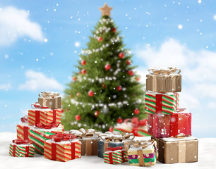 concept of Christmas. many christmas presents 3d-illustration background
