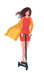  Girl in a red dress rides an electric scooter