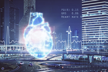 Double exposure of heart icon and cityscape background.