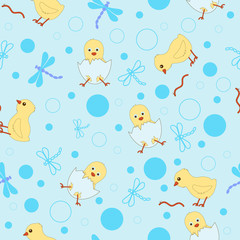Seamless pattern with chickens and dragonflies on a blue background