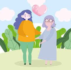 family grandma and granddaughter heart love together cartoon