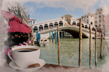 Fototapeta na wymiar Watercolor effect of cup of back coffee or tea with cookie against view on famous Canal Grande and Rialto Bridge in Venice, Italy