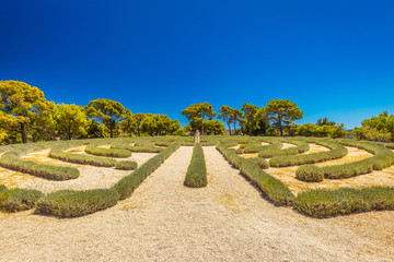 Lavender labyrinth at Adriatic coast near the Rogoznica village, a popular tourist destination on the Dalmatian coast of Adriatic sea in Croatia, Europe.