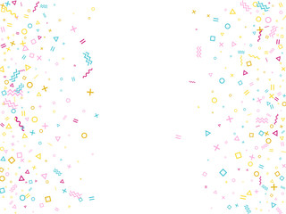 Memphis style geometric confetti background with triangle, circle, square, zigzag and wavy line
